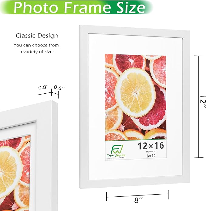 FrameWorks 2-Pack, 12x16 Matted to 8x12 Picture Frame, White ??Classic Wooden Photo Frame with Tempered Glass, Modern Matte Finish for Prints, Posters, Certificates & Wall Decor ??Gallery-Ready