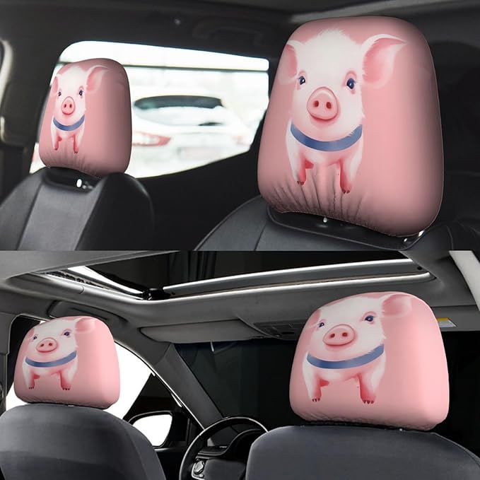 Dujiea 2 Pack Pink Pig Watercolor Car Headrest Covers, Universal Soft Car Seat Head Rest Cover Protector, Vehicle Accessories Fabric Headrest Cover for Cars Vans Trucks