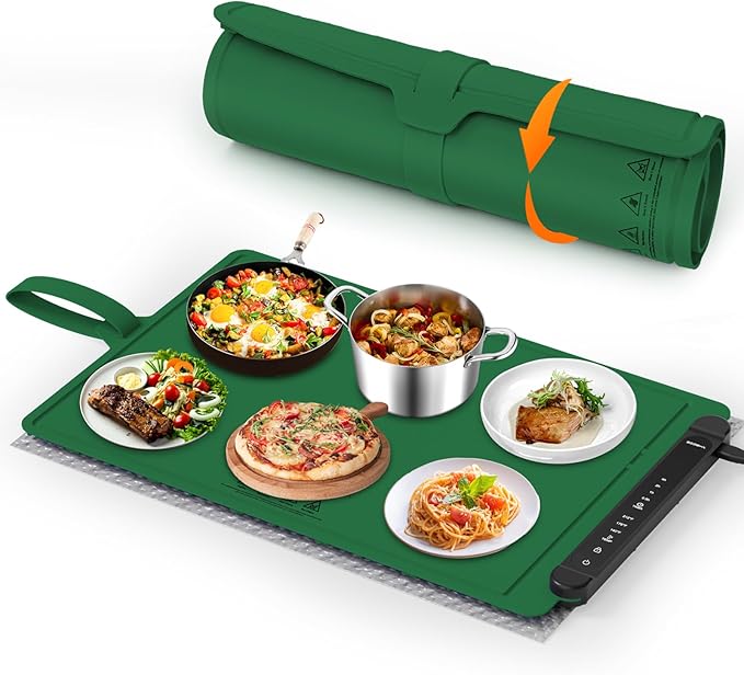 Food Warming Mat Electric Tray: Adjustable Silicone Heating Pad with 3 Temperature Settings 4 Timer Function Portable Roll Up Hot Plate for Buffets Party Gatherings Kitchen Warmer Countertop Green