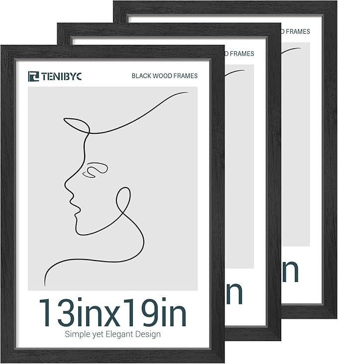 13x19 Picture Frames Set - 3 Pack - Black Solid Wood Poster Frame - Tempered Glass - Exclusive Woodgrain - Rooms, Offices, Gallery, Studio, and Hallway, Wall Display Decor