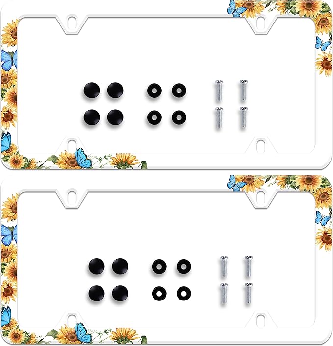 2 Pieces Blue Butterfly Sunflower License Plate Frame Funny License Plate Frames Personalise Stainless Steel Design Compatible with Standard License Plate Holder for USA and Canada 6 X 12 with Screws