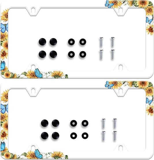 2 Pieces Blue Butterfly Sunflower License Plate Frame Funny License Plate Frames Personalise Stainless Steel Design Compatible with Standard License Plate Holder for USA and Canada 6 X 12 with Screws