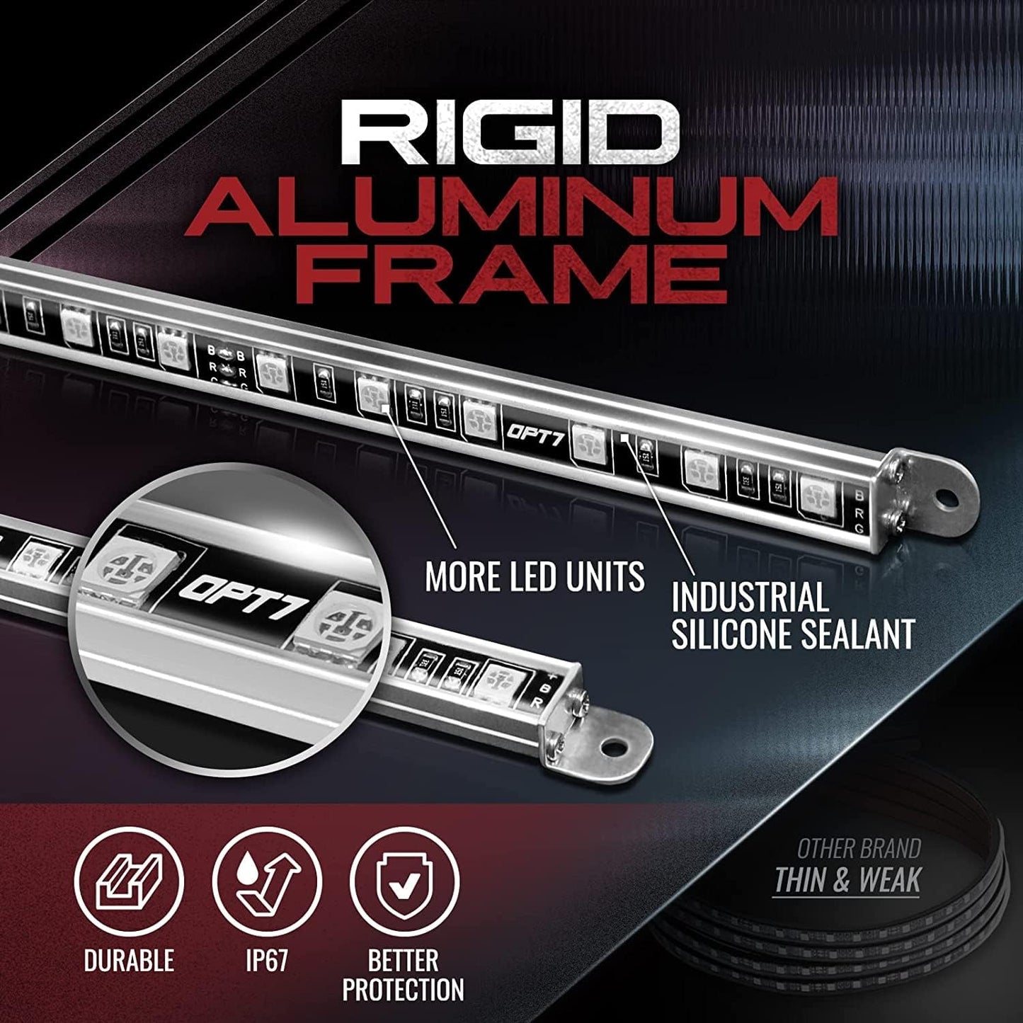 OPT7 Aura Aluminum Underglow LED Lighting Kit for Truck with Remote Control, Exterior Neon Accent Underbody Strip, Multicolor Mode, Waterproof, Soundsync, Aluminum Casing, Door Assist, Smart LED