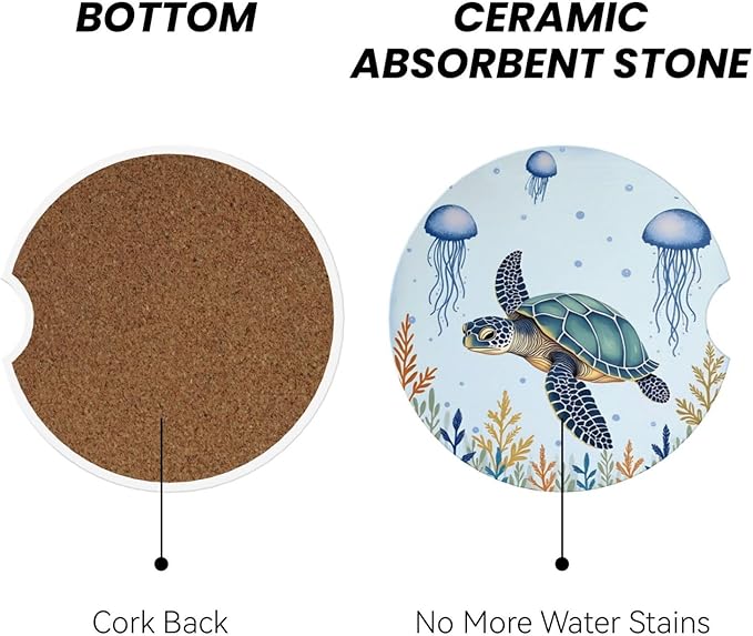 ABLESKY Car Coasters for Cup Holders, 2 Pack Absorbent Anti Slip Car Cup Holder Coasters, 2.56 Inch Ceramic Universal Size Auto Interior Accessories Women Men-Sea Turtles