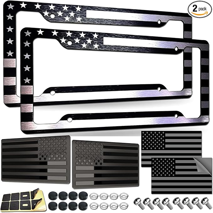 American Flag License Plate Frames - 2 Pack Black Patriotic USA Car Tag Frame in Alum-Plastic Hybrid with Brushed Finish & 3D Metal Decals