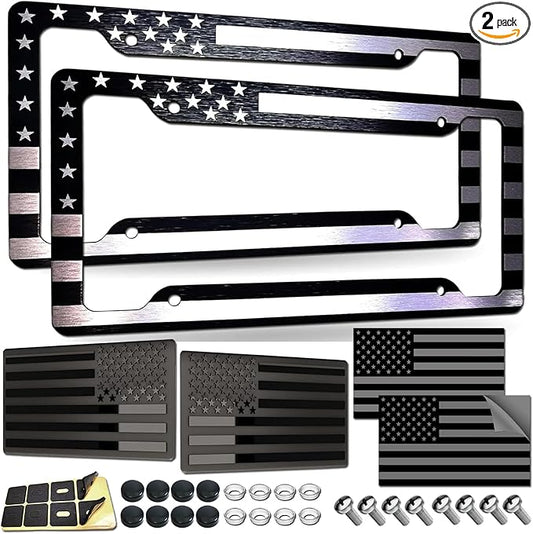American Flag License Plate Frames - 2 Pack Black Patriotic USA Car Tag Frame in Alum-Plastic Hybrid with Brushed Finish & 3D Metal Decals