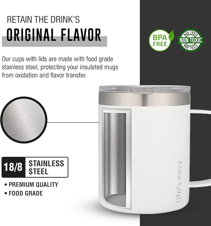 Life's Easy 12 oz Stainless Steel Mug w/Handle - Double Wall Insulated Travel Tumbler w/Flip Lid - Leak Proof Tumbler-Thermal Cup for Coffee, Tea & More - Keep Hot & Cold Drinks (Winter White, 12 oz)