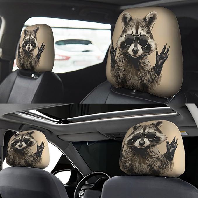 Dujiea 2 Pack Funny Raccoon Car Headrest Covers, Universal Soft Car Seat Head Rest Cover Protector, Vehicle Accessories Fabric Headrest Cover for Cars Vans Trucks