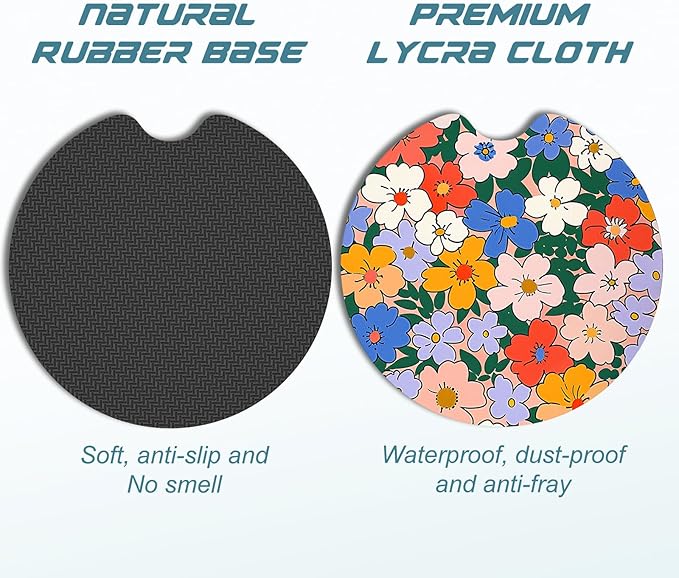 Car Cup Holder Coasters, 2 Pack Universal Auto Anti Slip Insert Coaster with A Finger Notch, Cute Car Assecories for Women Men, Cup Mat for Most Interior, Vintage Flowers
