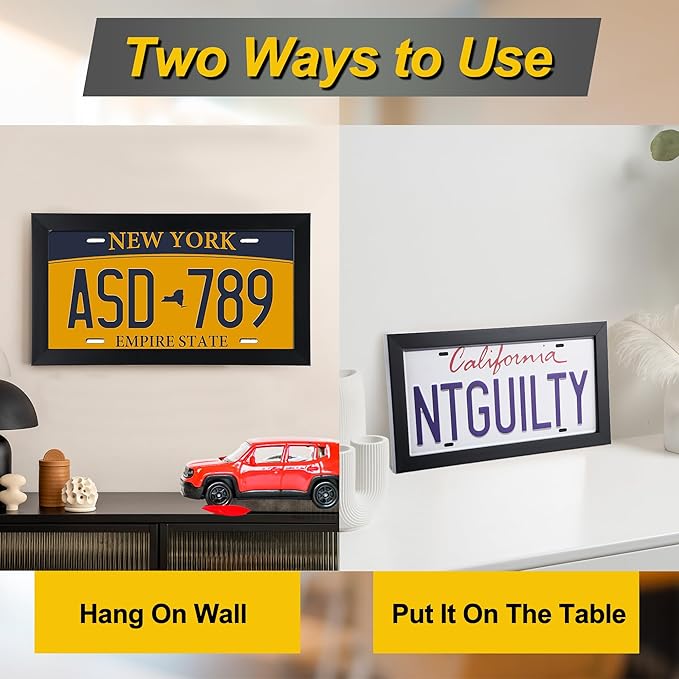 Feekoon 2 Pack License Plate Wall Frame, 13.7" x 7.4" Modern Black Display License Plate Cover with 98% UV Protection Acrylic Imitation Wood Polystyrene License Frame Display Vehicle Tag with Hanger