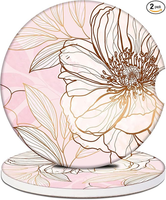 Car Cup Holder Coaster - Pink Flowers Absorbent Ceramic Coaster 2 Pack, Car Coasters for Cup Holders, Fashion Car Interior Accessories Drink Coaster for Women & Men