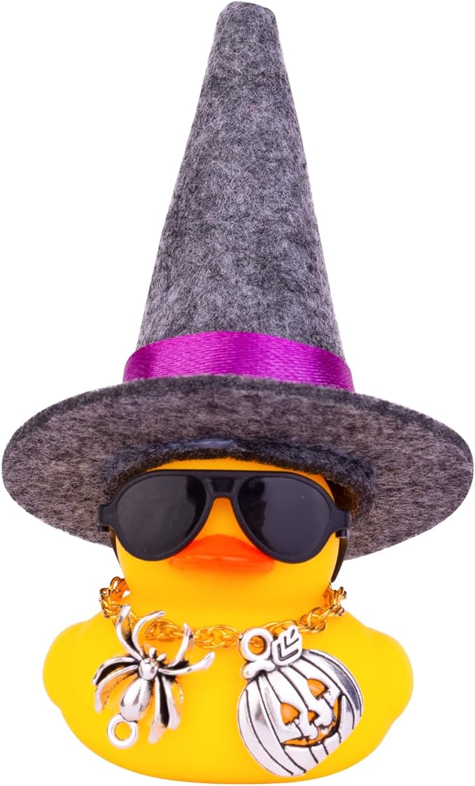 Car Rubber Duck Ornaments Halloween Duck Car Dashboard Decorations with Mini Witch Hat Sunglasses Necklace Halloween Accessories for Halloween Themed Gifts(W9-Dark Gray&Purple Ribbon)