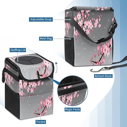 Car Trash Can Pink Cherry Blossom Wate-rproof Auto Garbage Bag Car Trash Can with Lid Leak-Proof Car Storage Bag Hanging for Headrest Collapsible and Portable with Storage Mesh Pocket