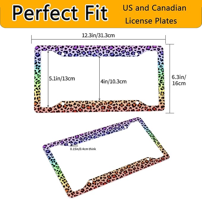 License Plate Frame 2 Pack Front Rear Aluminum Metal Rust-Proof Universal Car Tag Frames Holder with 4 Holes Car Decor Accessory with Screws for Men Women - Colorful Leopard