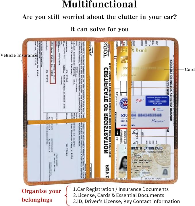 Leather Car Registration and Insurance Card Holder, Car Document Holder for Cards License with Magnetic Shut(Orange)