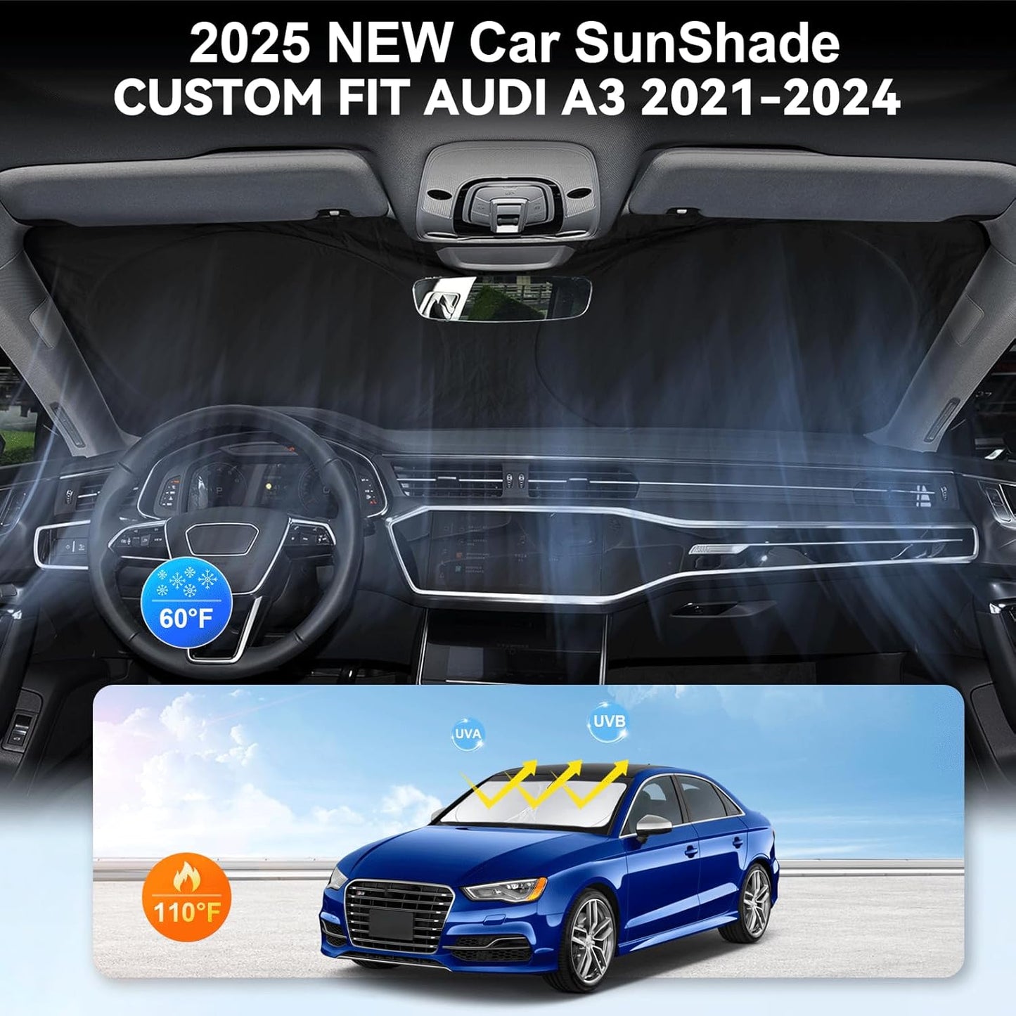 for 2022-2024 2025 Audi A3 Sun Shade Windshield Cover, Car Sunshades for Front Windows Shield Custom Fit A3 Sedan/A3 Quattro/RS3/Cabriolet/S3 Sun Visor Protector Blocks UV Rays Car Accessories