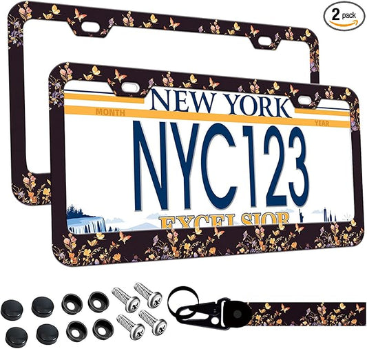 2-Pack Butterfly Floral Print License Plate Frames, 2 Holes Butterflies Flower License Plate Holder for Women,Colorful Butterfly License Plate Cover fits Vehicles with Keychain Wrist Lanyard