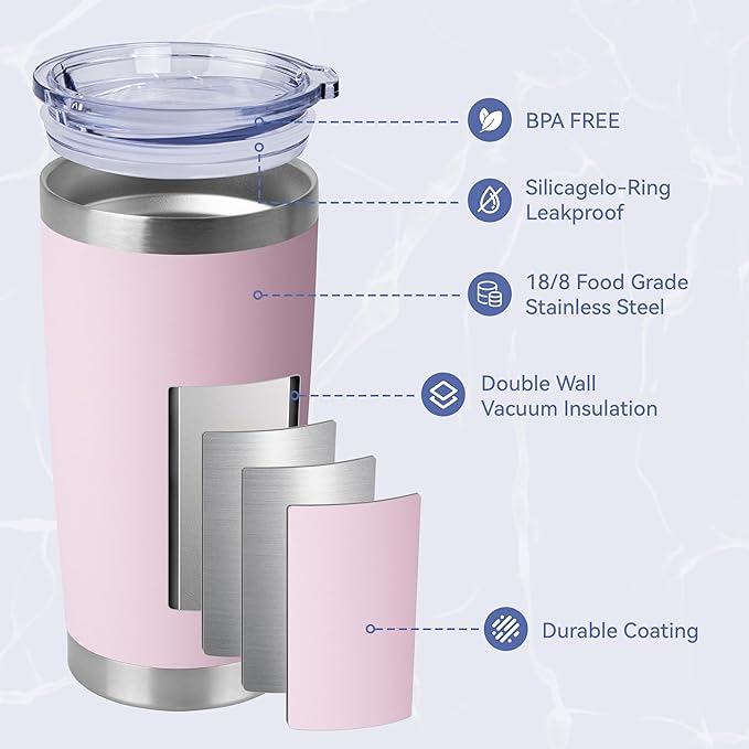 HASLE OUTFITTERS 20oz Stainless Steel Tumblers Bulk, Insulated Travel Cup with Lid, Double Wall Vacuum Coffee Mug for Cold & Hot Drinks 8 Pack, Light Pink