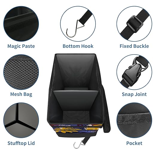 Car Trash Can Purple Palm Leaves Large Storage Garbage Can with Lid Hanging for Back Seat Leakproof Automotive Vehicle Trash Bin