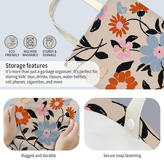Car Trash Can, Hanging Garbage Bin for Men and Women, Cute Car Organizer and Storage Bag, Canvas Vehicle Trash Can Bag Easy-to-Install Boho Red and Blue Floral
