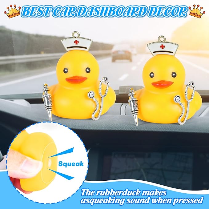 BOZILY Nurse Duck Dashboard Decor - Stress Relief Squeaky Rubber Duck with Stethoscope & Syringe Accessories, Funny Car Interior Ornament for Car, Truck, Office Desk