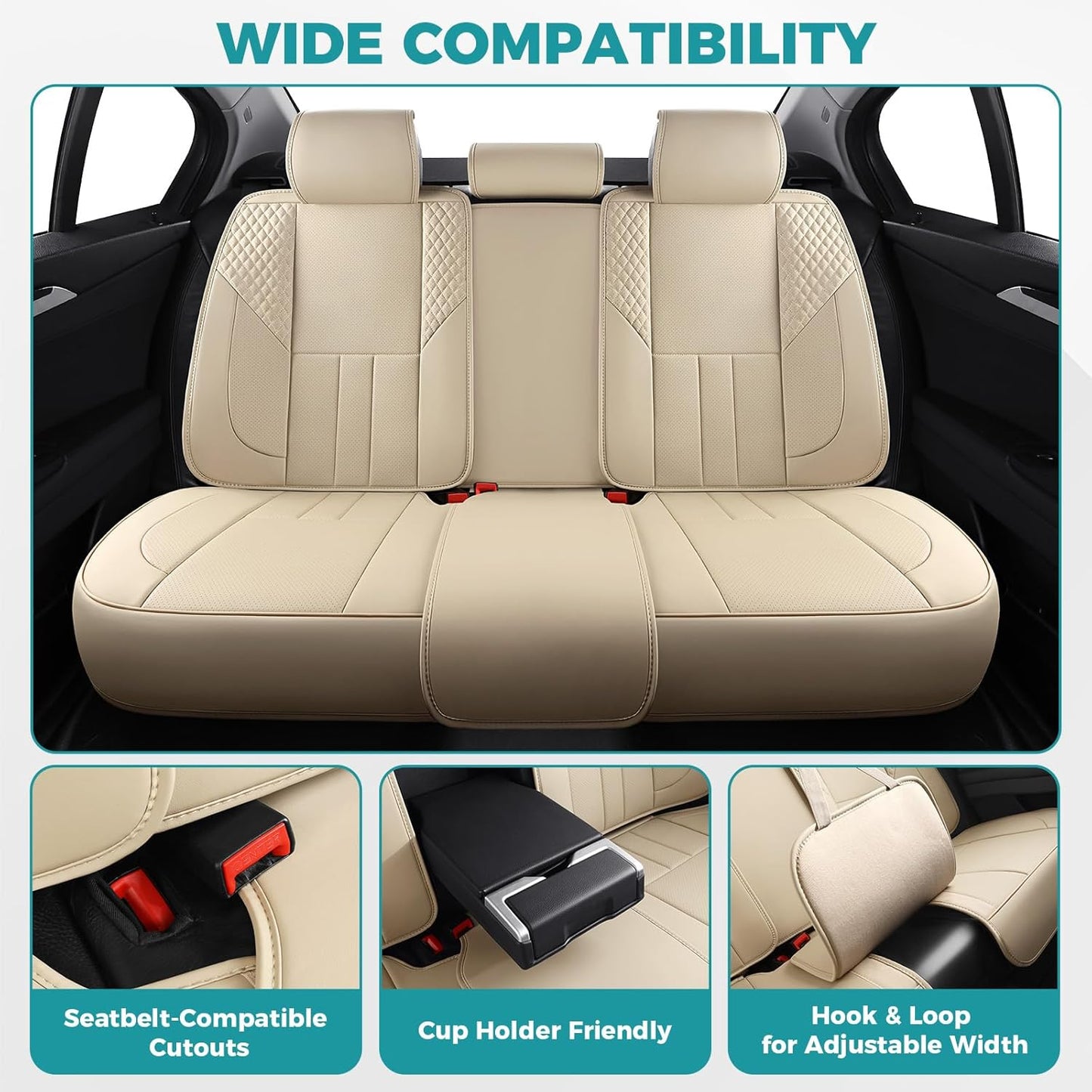 Car Seat Covers Full Set - Universal Seat Covers for Cars SUV Truck – Faux Leather Automotive Seat Covers, Breathable & Waterproof Front and Rear Seat Protectors, Fit for Most Cars-Beige