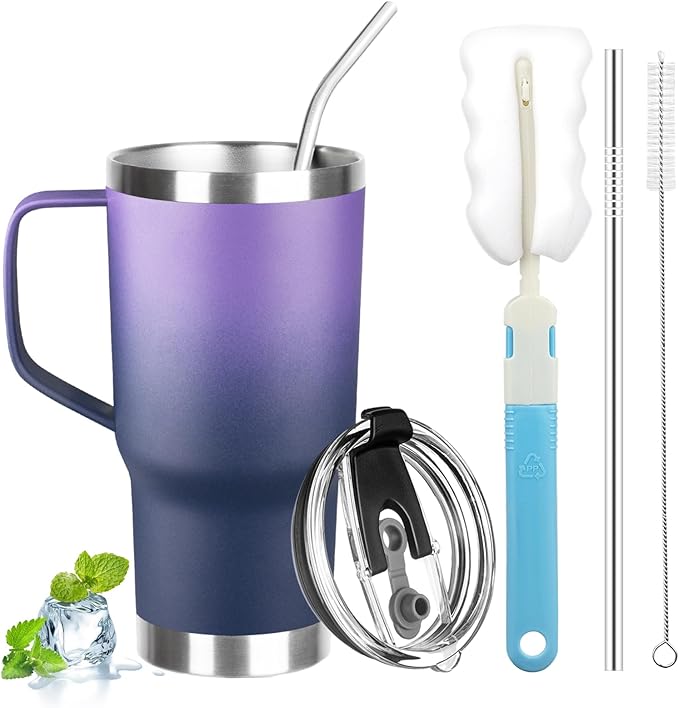 20 oz Tumbler with Handle, Stainless Steel Insulated Tumbler with Lid and Straw, Double Wall Vacuum Insulated Coffee Mug Tumbler,Insulated Coffee Thermal Cup for Cold and Hot(Purple Navy blue)