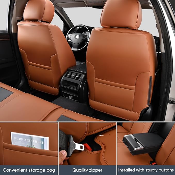 Auto Car Seat Covers Accessories Full Set Leather Cushion Protector Breathable Waterproof Seat Cover for Cars Universal Fit (Brown, FullSet Without Headrest)