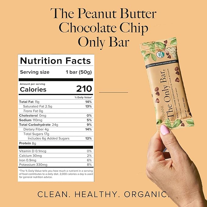 Truvani Plant Based Snack Bars | Peanut Butter Chocolate Chip 1 Pack | 8g Protein | USDA Organic and Vegan | The Only Bar | Dairy, Soy, and Gluten Free | Individually Wrapped