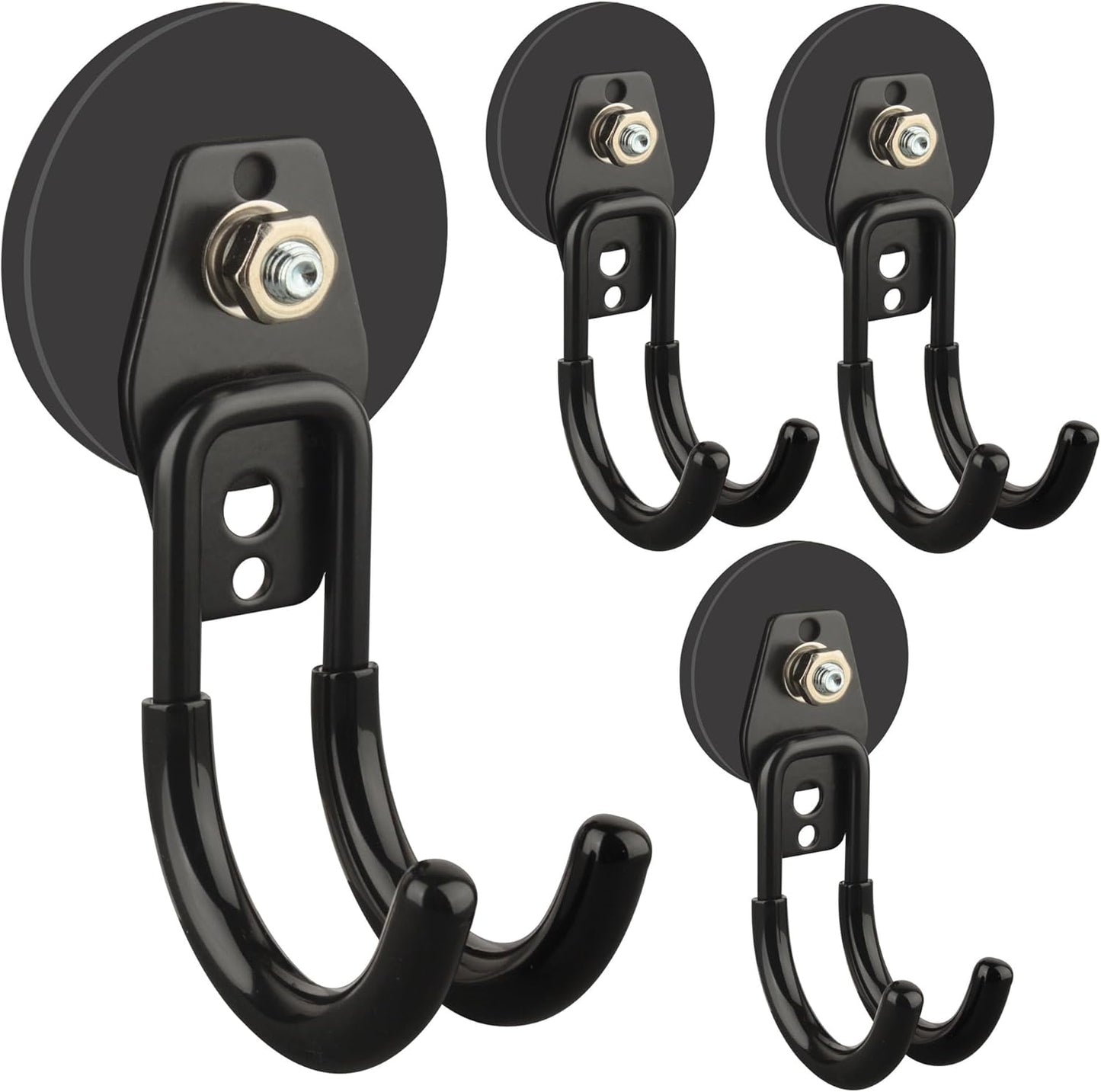 ULIBERMAGNET Garage Magnetic Hooks, 4 Pack Black Heavy Duty Large J Hooks with Magnet, Black Strong Anti-Slip Coating Magnet Hooks for Garden Tools, Ropes,Drill,Metal Cabinet,Pegboard