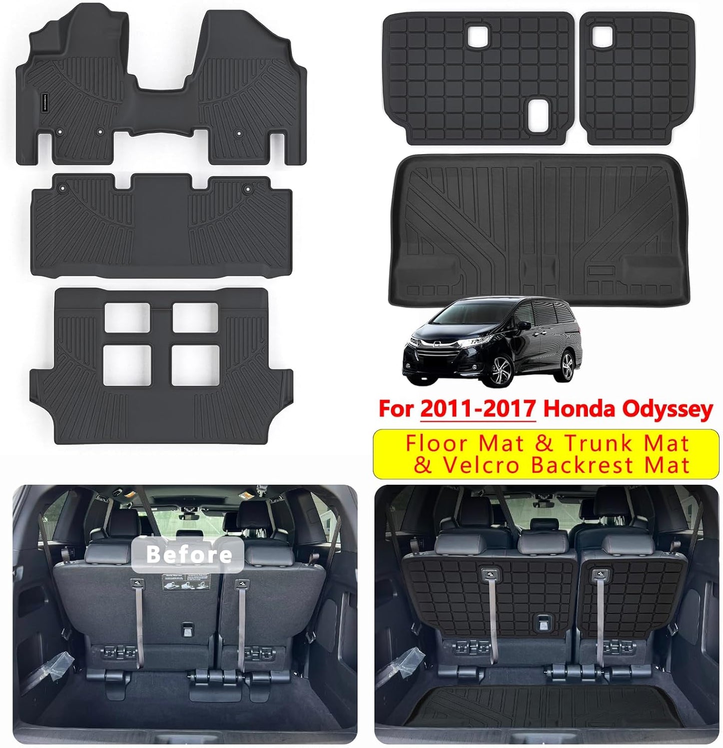 Floor Mats & Trunk Mats for 2011-2017 Honda Odyssey, TPE All Weather Protection 3 Rows Car Floor Liners with Cargo Liners Covering The backrest Accessories