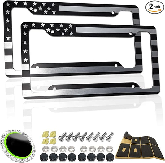 American Flag License Plate Frames- Heavy Duty Aluminum-Plastic Composite Patriotic Car Tag Holder with Mounting Hardware & Screws Caps (Black)，2 Pack for Front Rear