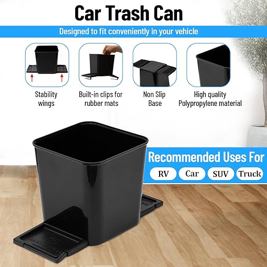 Car Trash Can for Vehicles Leakproof Compact Garbage Bin w/Stability Flap, Anti-Slip Base, Portable Trash Holder for Cars, Trucks, SUVs, Minivans (Black, Small)