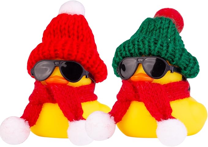 Rubber Duck Car Ornaments 2Pack Winter Duck Car Dashboard Decorations for Christmas Decor and Home Decorations with Mini Hat Scarf and Sunglasses(T13)