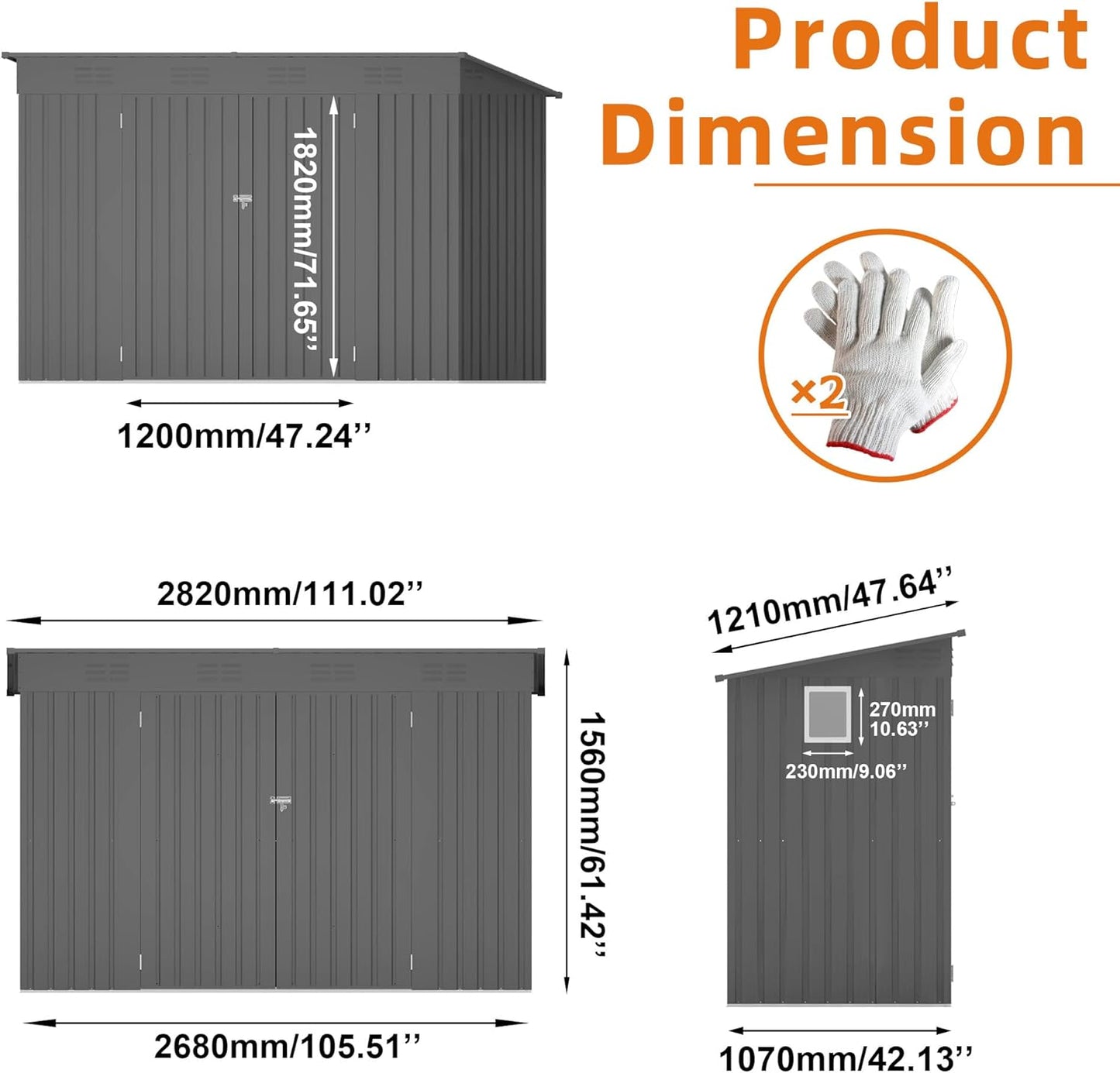 4 x 9 FT Metal Outdoor Storage Shed w/Lockable Door, Lean to Storage Sheds with Clear Window and Air Vents, All Weather Waterproof Garden Tool House for Backyard, Patio, Lawn, Gray