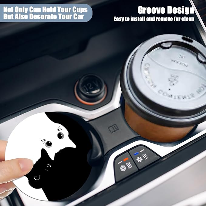 Car Cup Holder Coaster -Black White Cat Absorbent Ceramic Coaster, Car Coasters for Cup Holders, Auto Accessories for Women & Men, Pack of 2