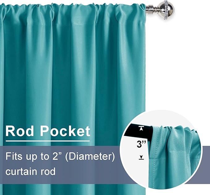 JIUZHEN Blackout Curtains for Bedroom - Thermal Insulated Room Darkening Rod Pocket Curtains for Living Room, Set of 2 Panels with Tiebacks, 60 x 96 Inch Length, Turquoise