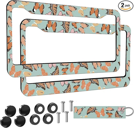 2pcs Brown Butterflies License Plate Frame for Women, Butterfly car Decorative tag Frames Girly,Inspirational Butterfly License Plate Cover Holder for Vehicle with Double Sided car Keychain tag