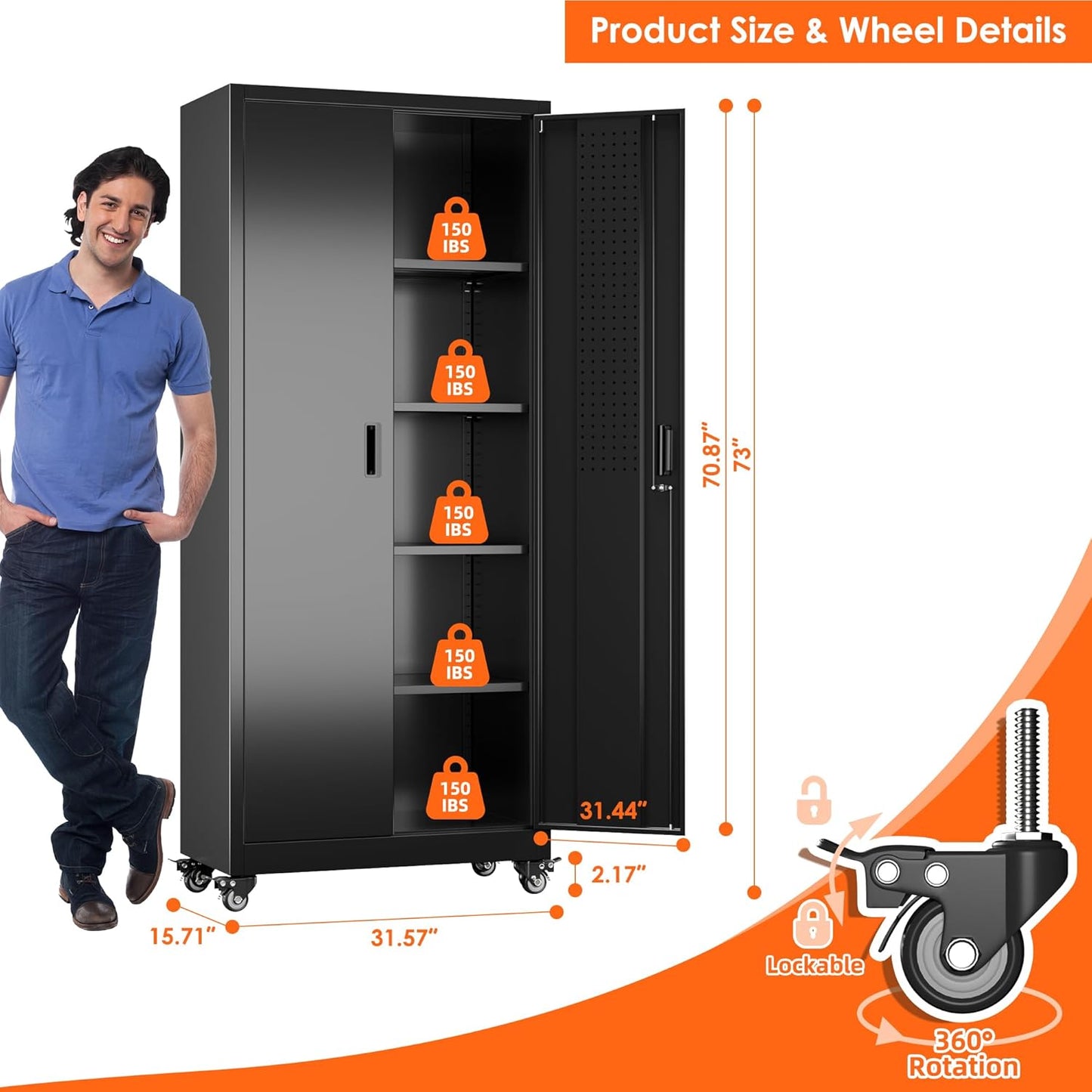 Garage Storage Cabinet with with Pegboard and Wheels,73" Metal Lockable File Cabinet with 2 Doors and 4 Adjustable Shelves,Tool Storage,Home Office Garage,Gym,School (Black)