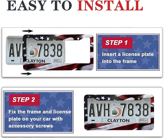 2Pcs American Flag License Plate Frames - KMBCAM Universal Aluminum License Plate, Gloss Patriotic License Plate Cover Hold for Car for Men with Free Screws Caps, Gifts for Friends or Family.