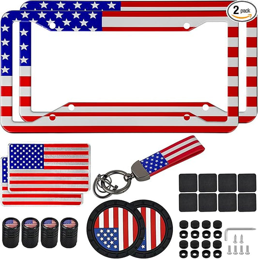 American Flag License Plate Frames Holder - 2 Pack Stainless Steel Rustproof USA Patriotic Car Tag Cover Holder with Free Screws Accessories + Metal Stickers & Keychain & Cup Holder Mats, Red Blue