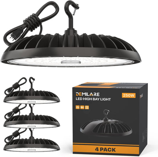 4 Pack Led High Bay Light 250W, 37500 lm High Bay Led Shop Lights 5000K with US Plug, Commercial Light Fixture for Workshop, Garage, Warehouse