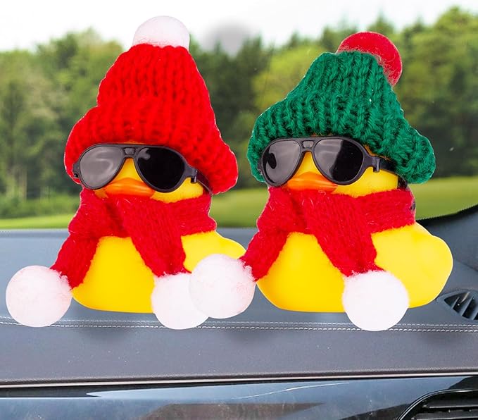 Rubber Duck Car Ornaments 2Pack Winter Duck Car Dashboard Decorations for Christmas Decor and Home Decorations with Mini Hat Scarf and Sunglasses(T13)