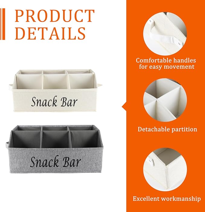 Snack Organizer for Countertop, 6 Compartment Snack Storage with Side Handle, 2 Pack Fabric Snack Basket Container, Lightweight Snack Bar Station Organizer, Kitchen Pantry Storage, Beige/Gray