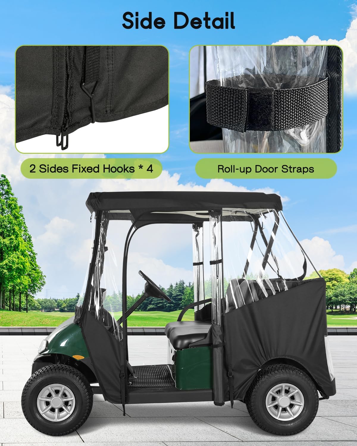 Golf Cart Enclosure 2 Passenger for EZGO TXT & RXV 2-Person Seaters Waterproof Transparent Driving Rain Enclosure Cover with 4-Sided Clear Windows Mirror Zipper Roll-Up Door Black