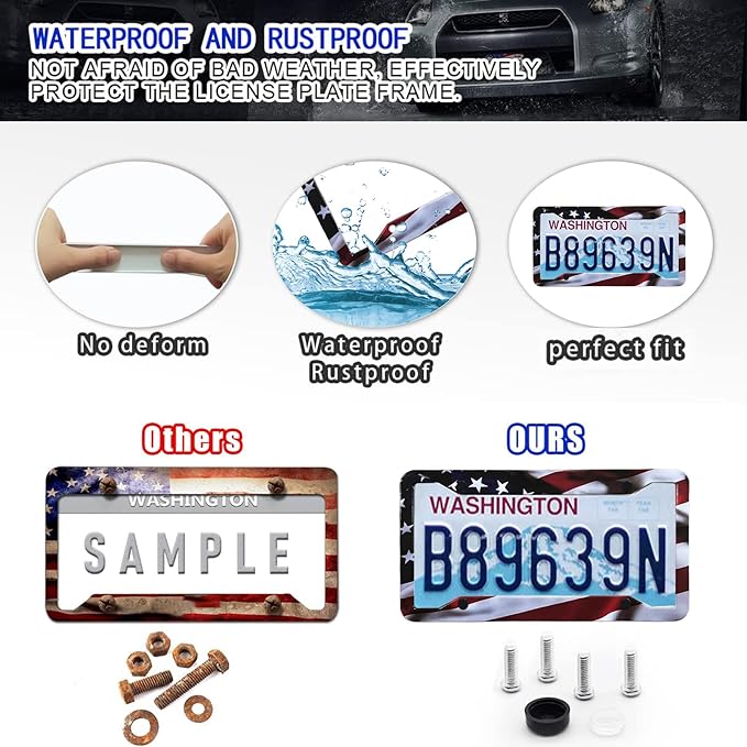 American Flag License Plate Frame Holder - 2 Pack Universal Aluminum Matte Stripe US Flag Gloss Patriotic Car Plate Frame Covers with Free Screws Fasteners Caps