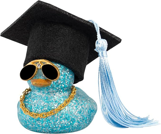 wonuu Car Dashboard Decor Graduation Hat Color Rubber Duck, Car Ducks Ornaments with Mini Graduation Hat Necklace Sunglasses (Light Blue)