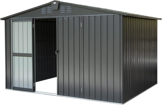 IKERY Galvanized Steel Storage Shed 10' x 8' with Lockable Door - Extra Large Metal Garden Shed for Bikes, Tools, Trash Cans - Backyard & Patio - Dark Gray