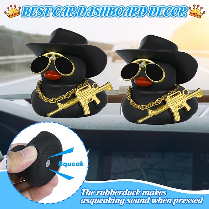 BOZILY Cool Black Cowboy Rubber Duck with Golden Gun Accessories, Car Dashboard Decor, Adult Novelty Gift, Home Favors, Stress Relief Decor