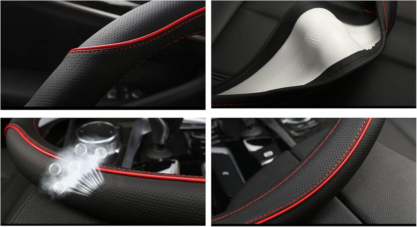 D Shape Car Steering Wheel Cover, Universal 15 inch Stitching Color Anti-Slip Steering Wheel Protector, Red and Black Style (Compact Packaging D Shape)